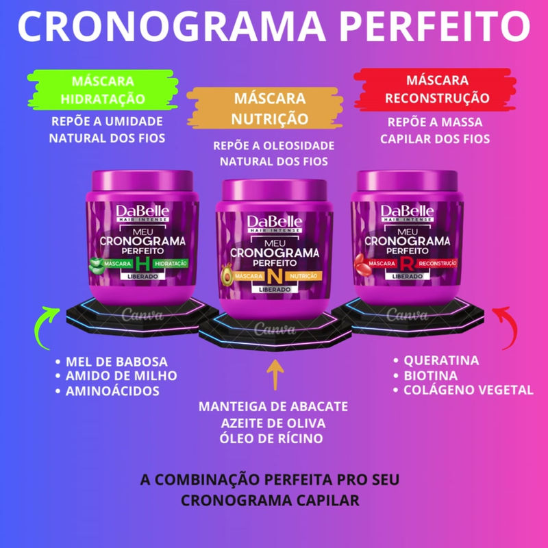 Dabelle Hair Kit Cronograma Capilar Máscara Hidratação Nutrição Reconstrução 400G 3 Máscaras