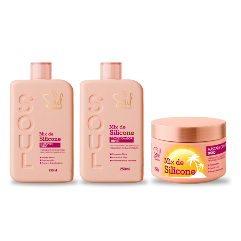 KIT CAPILAR 3 ITENS MIX DE SILICONE SOUL - SHAMPOO TURBO - CONDICIONADOR TURBO E MÁSCARA CAPILAR