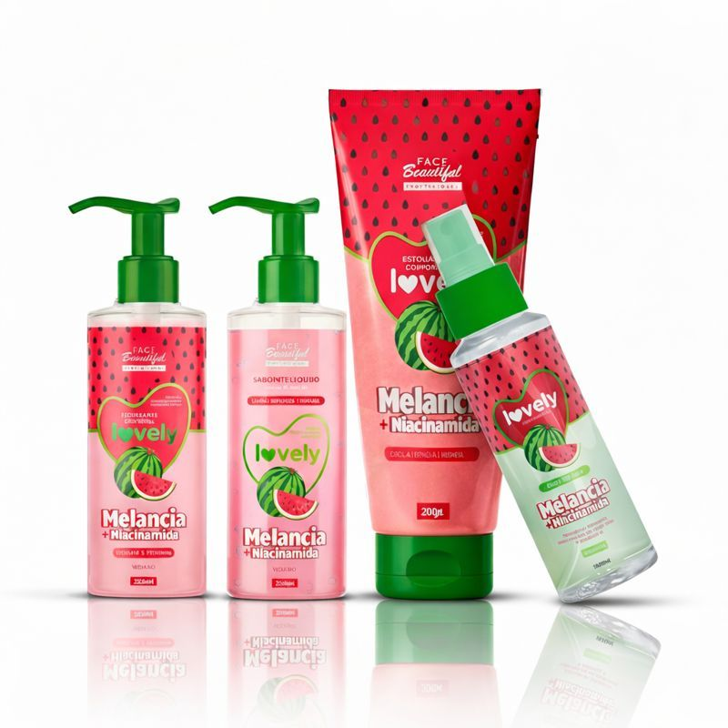 Novo Kit Banho Premium Esfoliante Sabonete Hidratante e Body Splash Lovely Face Beautiful